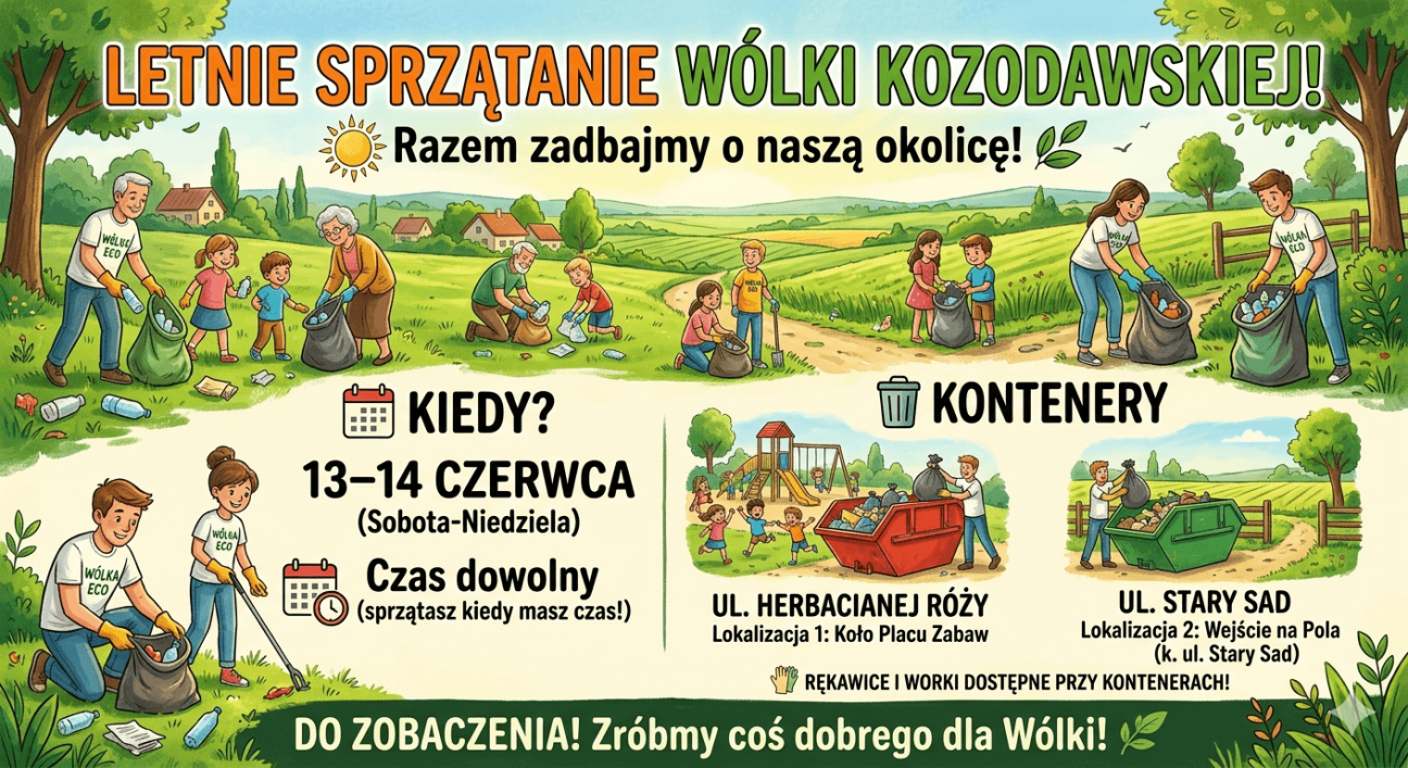 Zapraszam Was serdecznie do udziału w Letnim Sprzątaniu Wólki Kozodawskiej, które odbędzie się w dniach 13–14 czerwca